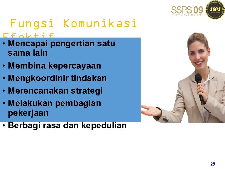 Fungsi Komunikasi Efektif • Mencapai pengertian satu sama lain • Membina kepercayaan • Mengkoordinir