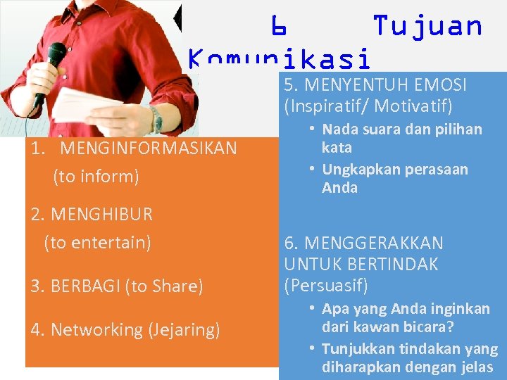 6 Tujuan Komunikasi 5. MENYENTUH EMOSI (Inspiratif/ Motivatif) 1. MENGINFORMASIKAN (to inform) 2. MENGHIBUR