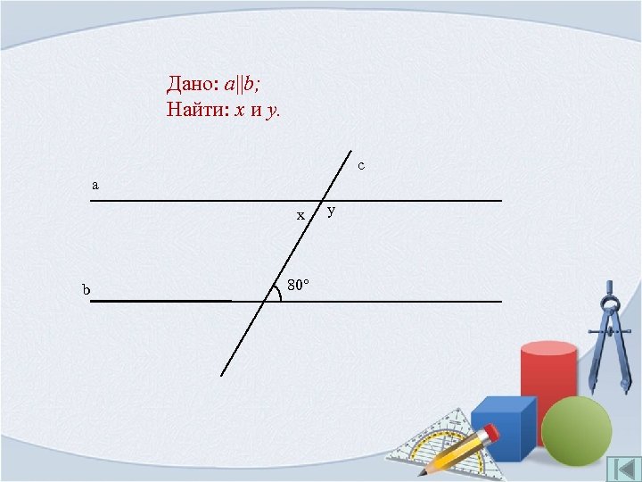 Дано: a||b; Найти: x и y. c a x b 80° y 