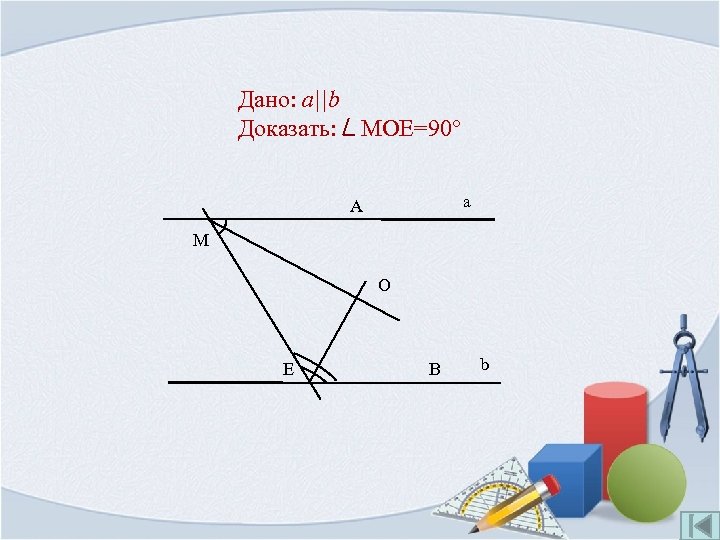 Дано: a||b Доказать: MOE=90° a A M O E B b 