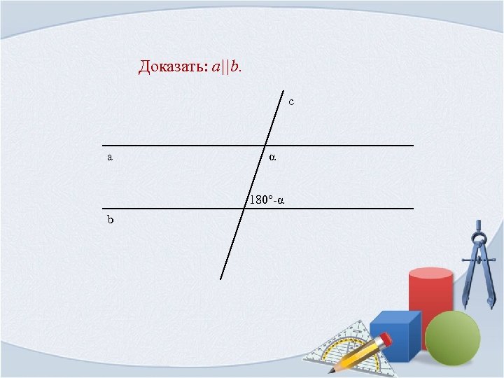 Доказать: a||b. с а α 180°-α b 