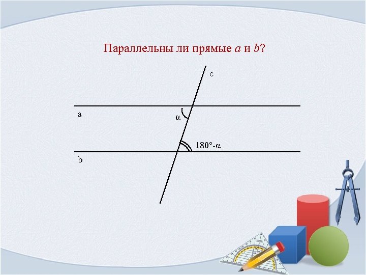 Параллельны ли прямые a и b? с а α 180°-α b 