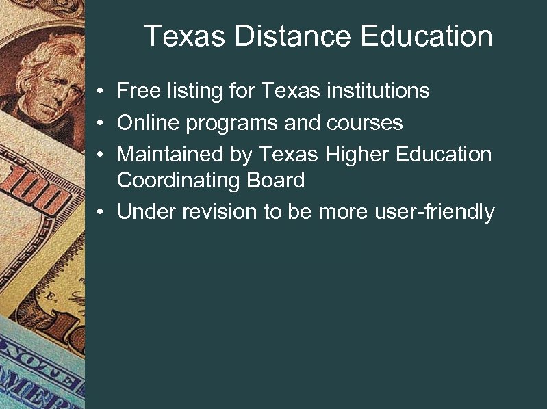 Texas Distance Education • Free listing for Texas institutions • Online programs and courses