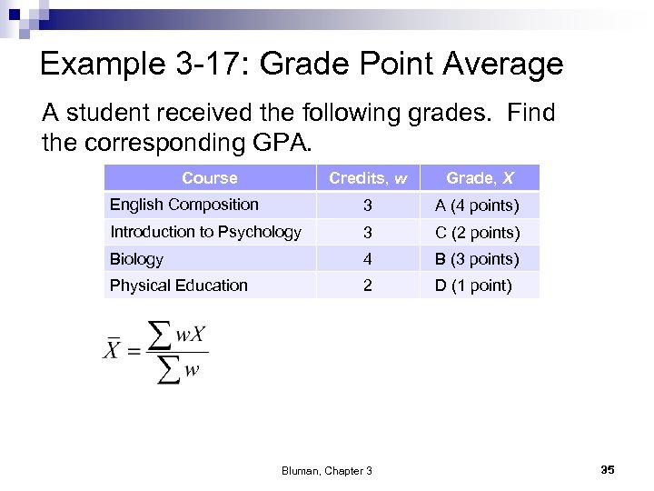 Example 3 -17: Grade Point Average A student received the following grades. Find the