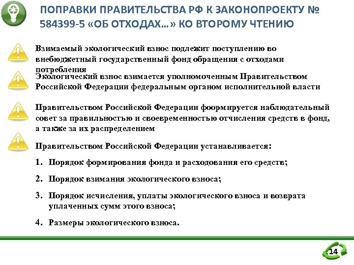 ПОПРАВКИ ПРАВИТЕЛЬСТВА РФ К ЗАКОНОПРОЕКТУ № 584399 -5 «ОБ ОТХОДАХ…» КО ВТОРОМУ ЧТЕНИЮ Взимаемый