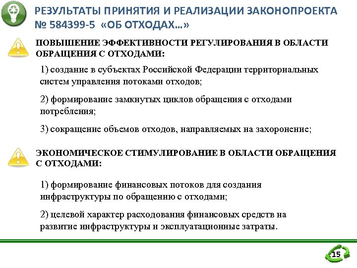 РЕЗУЛЬТАТЫ ПРИНЯТИЯ И РЕАЛИЗАЦИИ ЗАКОНОПРОЕКТА № 584399 -5 «ОБ ОТХОДАХ…» ПОВЫШЕНИЕ ЭФФЕКТИВНОСТИ РЕГУЛИРОВАНИЯ В