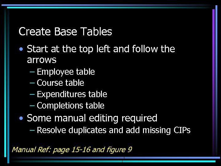 Create Base Tables • Start at the top left and follow the arrows –