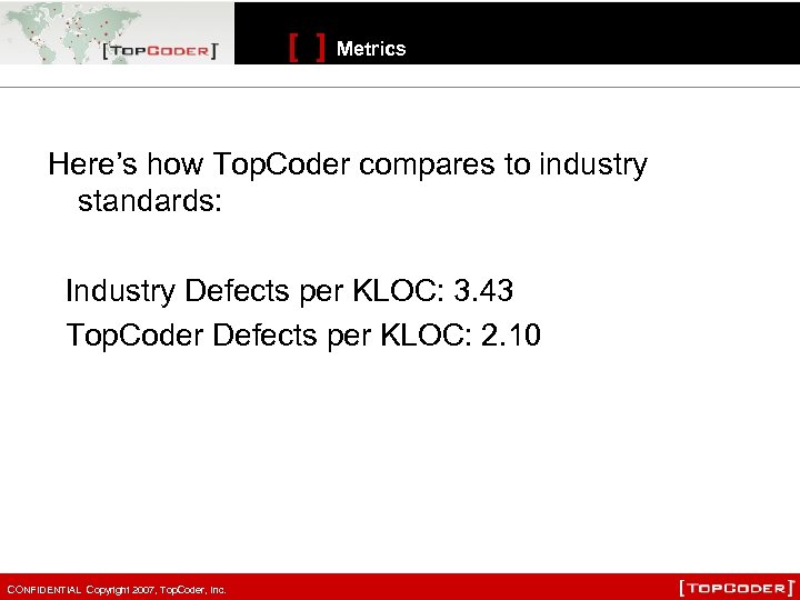 [ ] Metrics Here’s how Top. Coder compares to industry standards: Industry Defects per