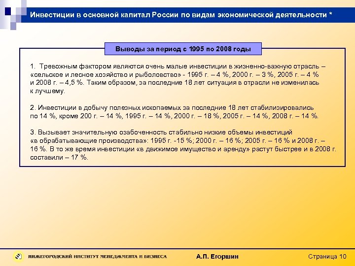 Инвестиции в основной капитал России по видам экономической деятельности * Выводы за период с