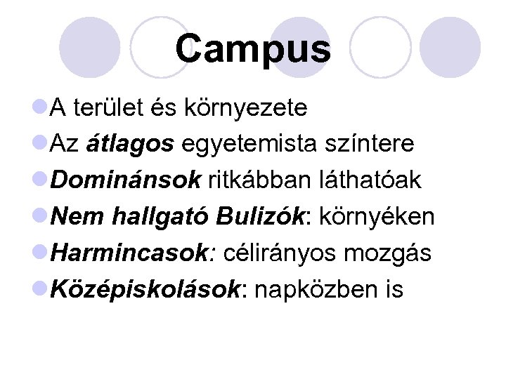 Campus l. A terület és környezete l. Az átlagos egyetemista színtere l. Dominánsok ritkábban