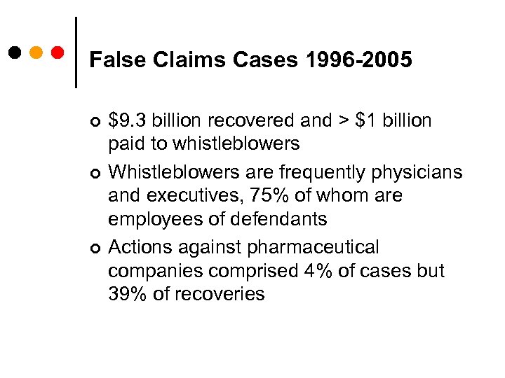False Claims Cases 1996 -2005 ¢ ¢ ¢ $9. 3 billion recovered and >