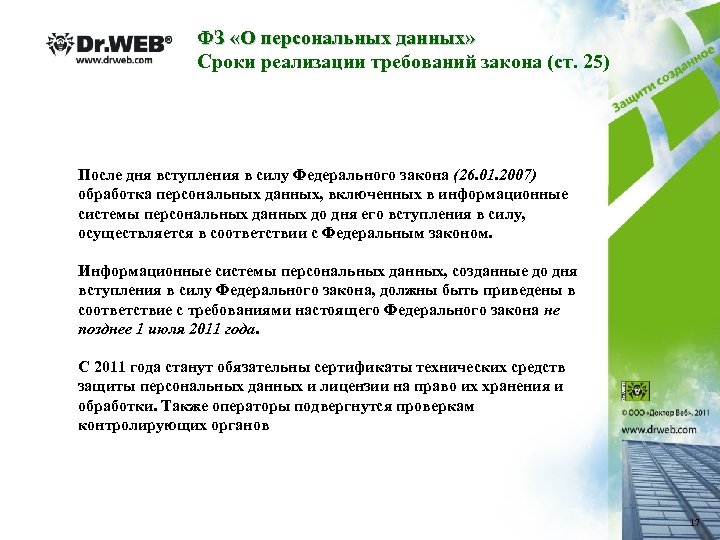 ФЗ «О персональных данных» Сроки реализации требований закона (ст. 25) После дня вступления в