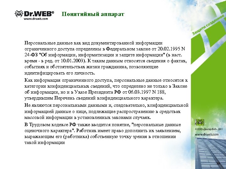 Понятийный аппарат Персональные данные как вид документированной информации ограниченного доступа определены в Федеральном законе