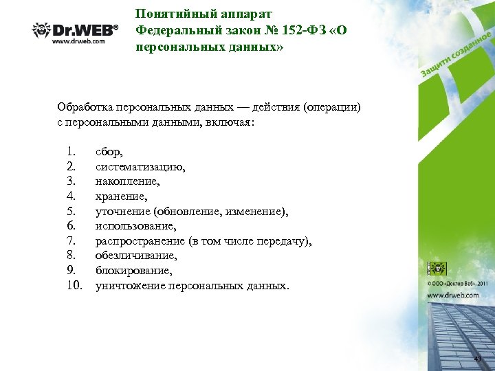 Понятийный аппарат Федеральный закон № 152 -ФЗ «О персональных данных» Обработка персональных данных —