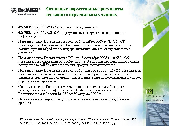 Основные нормативные документы по защите персональных данных § § § § ФЗ 2006 г.