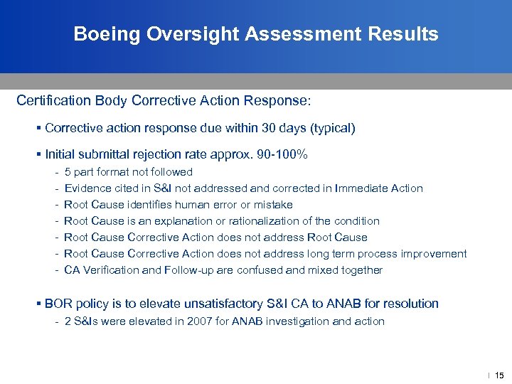Boeing Oversight Assessment Results Certification Body Corrective Action Response: § Corrective action response due