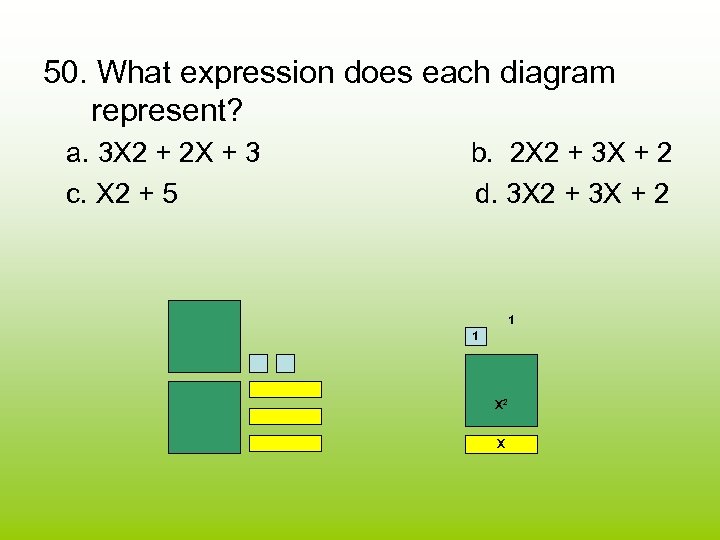 50. What expression does each diagram represent? a. 3 X 2 + 2 X