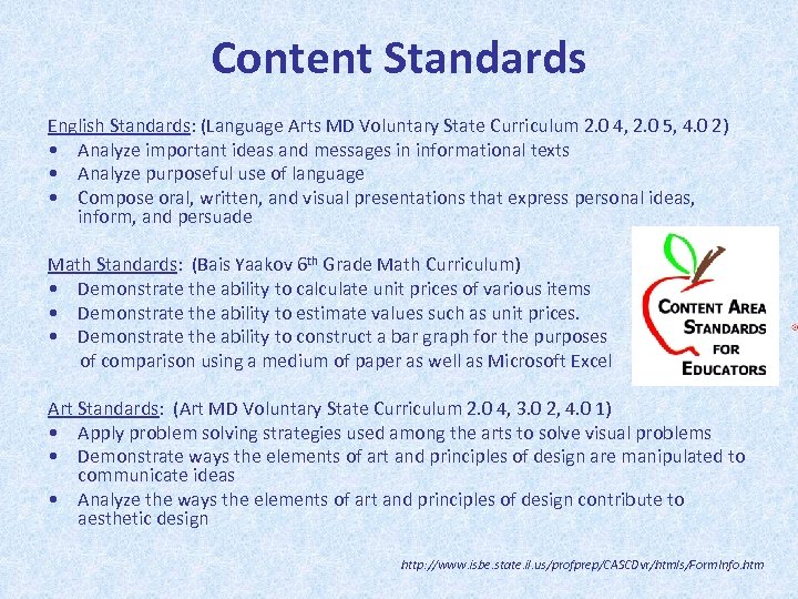 Content Standards English Standards: (Language Arts MD Voluntary State Curriculum 2. 0 4, 2.