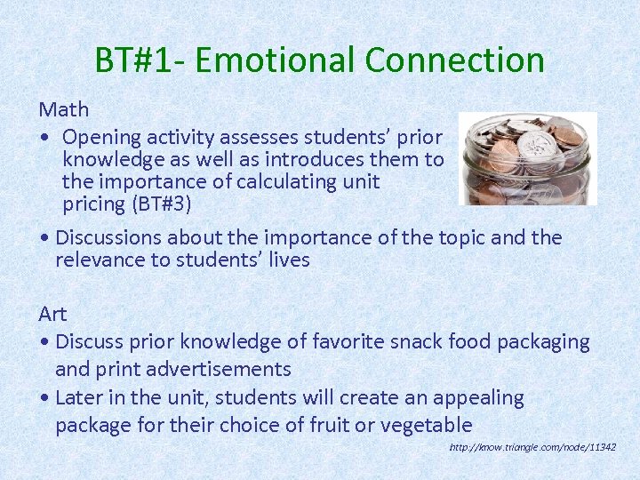 BT#1 - Emotional Connection Math • Opening activity assesses students’ prior knowledge as well