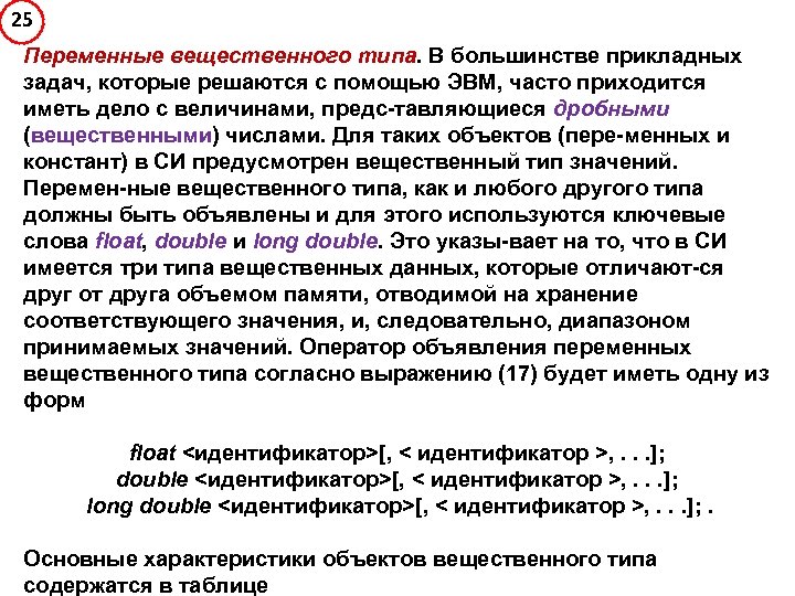 25 Переменные вещественного типа. В большинстве прикладных задач, которые решаются с помощью ЭВМ, часто