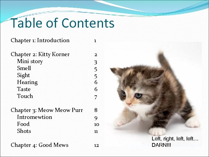 Table of Contents Chapter 1: Introduction 1 Chapter 2: Kitty Korner Mini story Smell