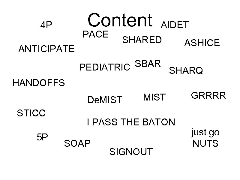 Content 4 P PACE ANTICIPATE AIDET SHARED ASHICE PEDIATRIC SBAR SHARQ HANDOFFS De. MIST