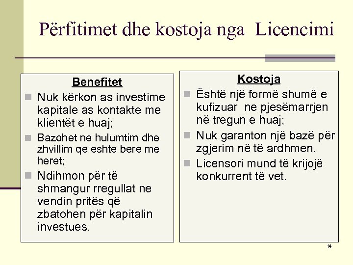 Përfitimet dhe kostoja nga Licencimi Benefitet n Nuk kërkon as investime kapitale as kontakte