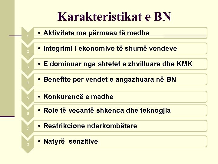 Karakteristikat e BN 1 • Aktivitete me përmasa të medha 2 • Integrimi i