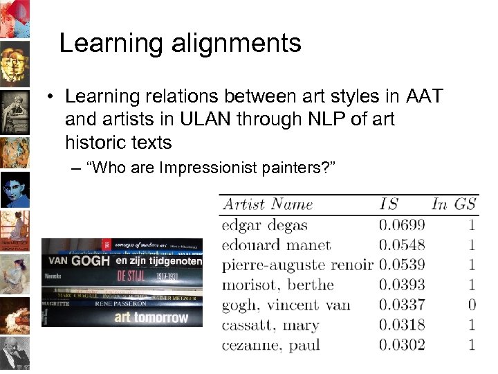 Learning alignments • Learning relations between art styles in AAT and artists in ULAN