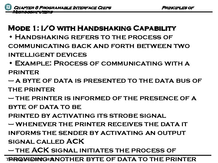 Chapter 8 Programable Interface Chips Microcomputers Principles of Mode 1: I/O with Handshaking Capability