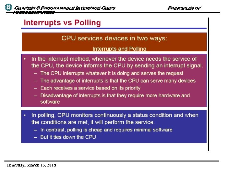 Chapter 8 Programable Interface Chips Microcomputers Thursday, March 15, 2018 Principles of 