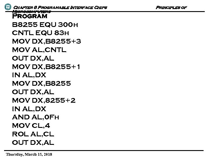 Chapter 8 Programable Interface Chips Microcomputers Program B 8255 EQU 300 h CNTL EQU