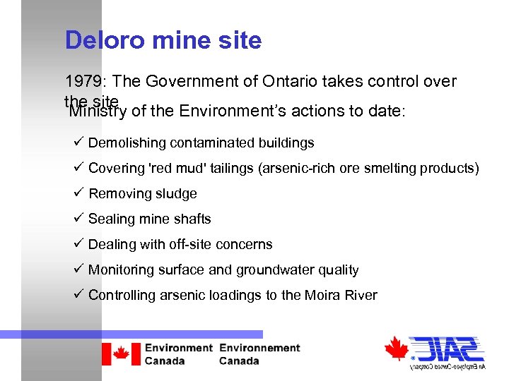 Deloro mine site 1979: The Government of Ontario takes control over the site Ministry