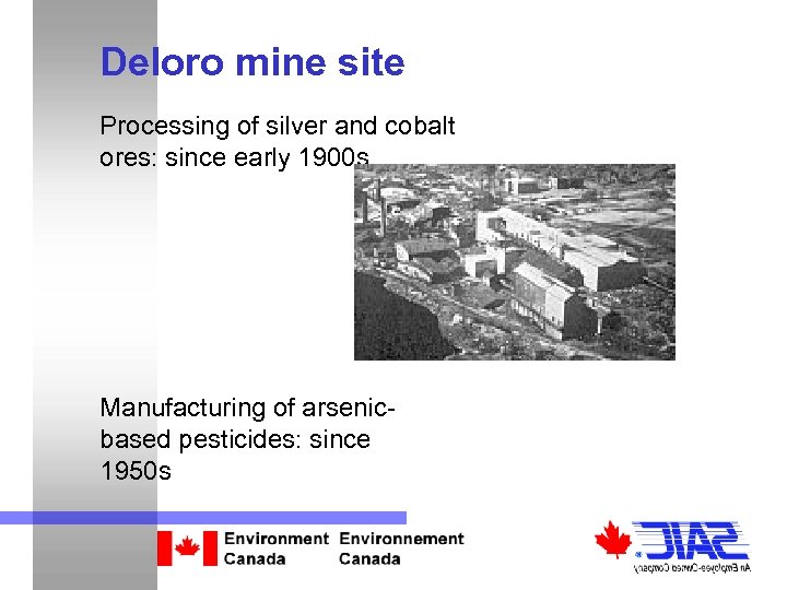 Deloro mine site Processing of silver and cobalt ores: since early 1900 s Manufacturing