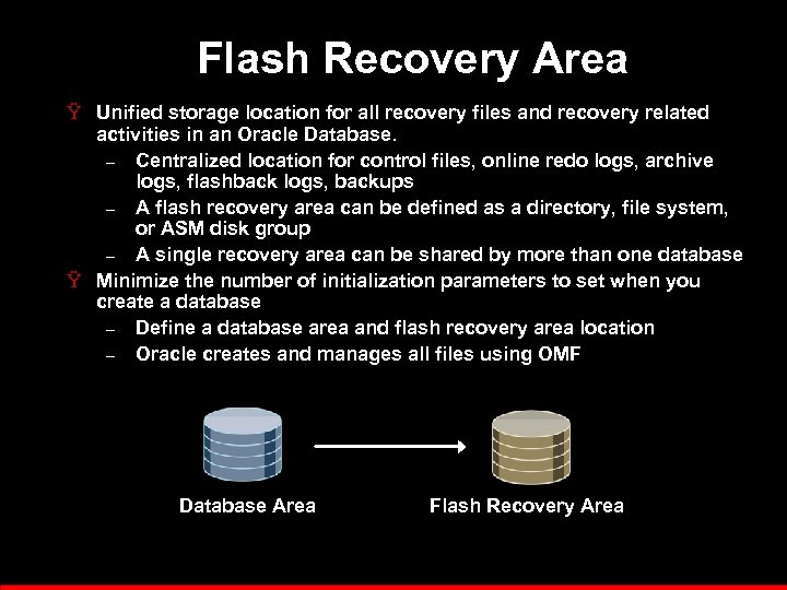 Flash Recovery Area Ÿ Unified storage location for all recovery files and recovery related