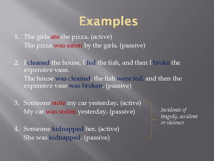 Examples 1. The girls ate the pizza. (active) The pizza was eaten by the