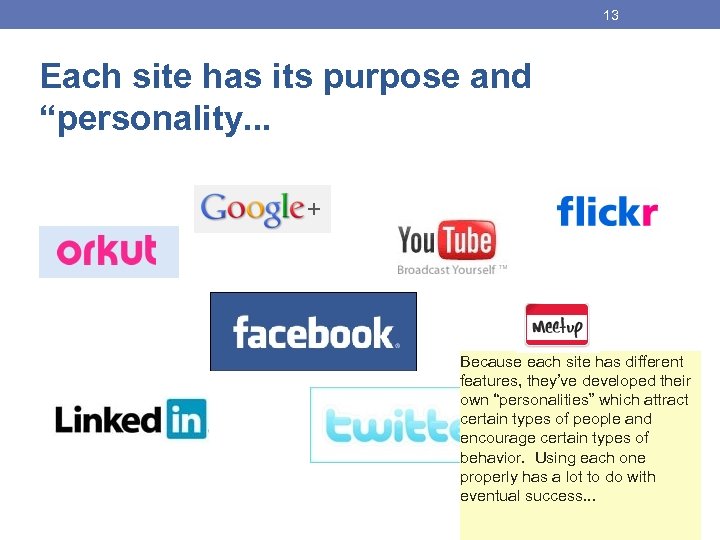 13 Each site has its purpose and “personality. . . Because each site has