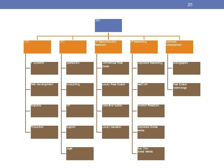 25 CEO CTO CFO VP Sales/Industry Relations VP Marketing Business Development IT Systems Operations