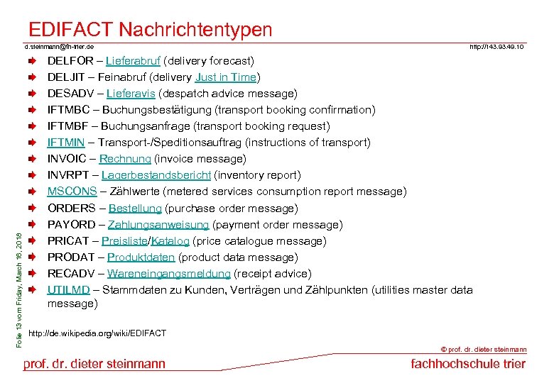 EDIFACT Nachrichtentypen Folie 13 vom Friday, March 16, 2018 d. steinmann@fh-trier. de http: //143.