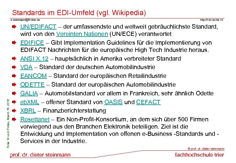 Standards im EDI-Umfeld (vgl. Wikipedia) Folie 14 vom Friday, March 16, 2018 d. steinmann@fh-trier.
