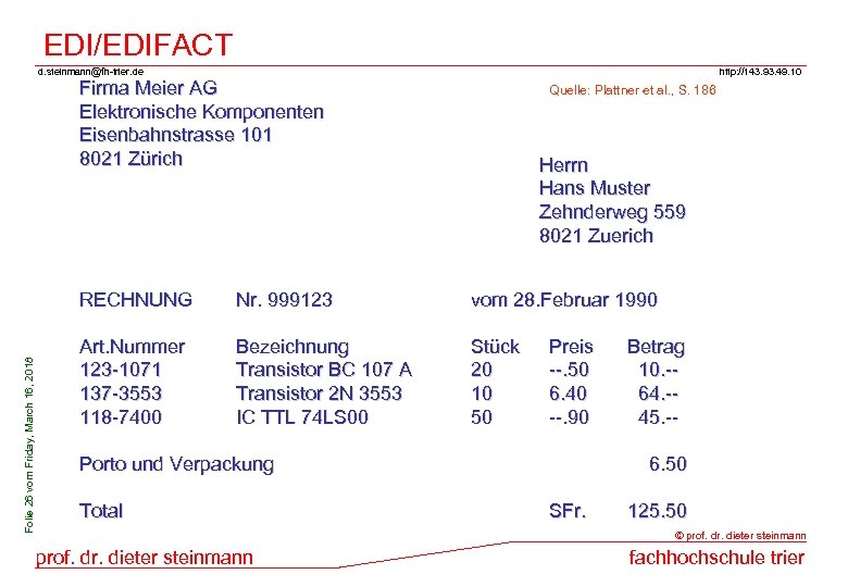 EDI/EDIFACT d. steinmann@fh-trier. de http: //143. 93. 49. 10 Firma Meier AG Elektronische Komponenten