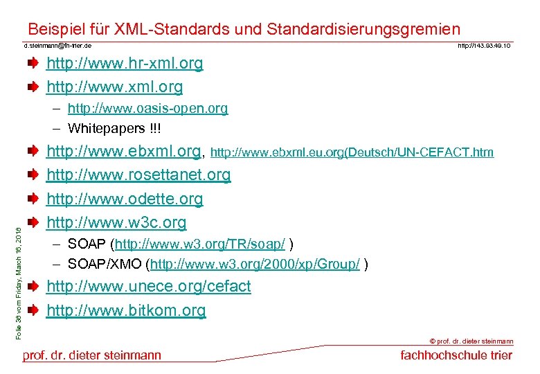 Beispiel für XML-Standards und Standardisierungsgremien d. steinmann@fh-trier. de http: //143. 93. 49. 10 http: