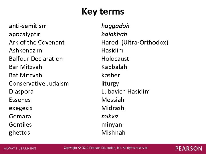 Key terms anti-semitism apocalyptic Ark of the Covenant Ashkenazim Balfour Declaration Bar Mitzvah Bat