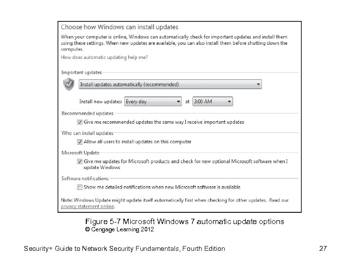 Figure 5 -7 Microsoft Windows 7 automatic update options © Cengage Learning 2012 Security+