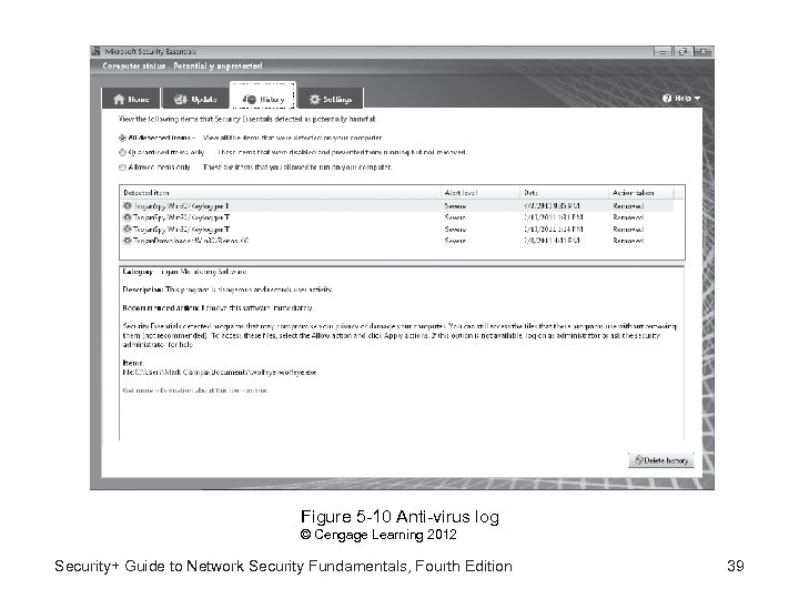 Figure 5 -10 Anti-virus log © Cengage Learning 2012 Security+ Guide to Network Security