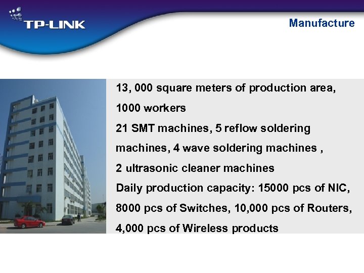 Manufacture 13, 000 square meters of production area, 1000 workers 21 SMT machines, 5