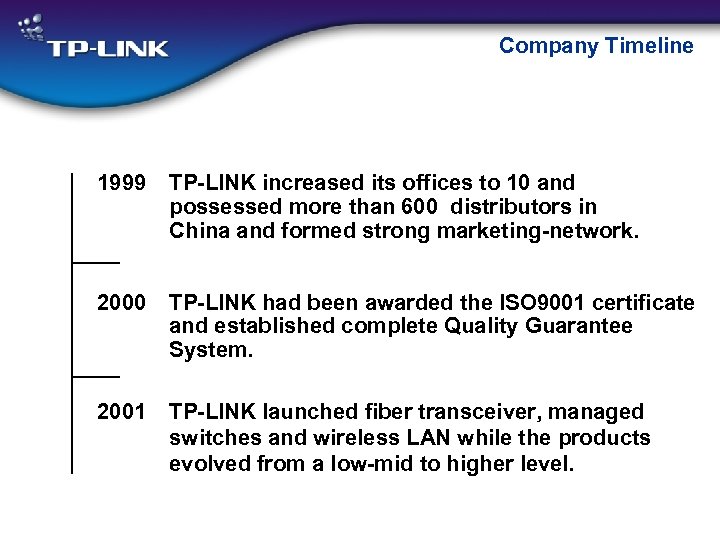 Company Timeline 1999 TP-LINK increased its offices to 10 and possessed more than 600