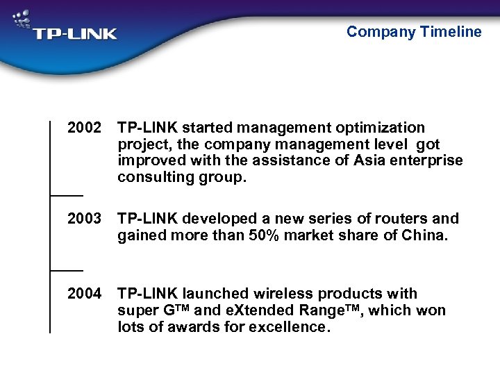 Company Timeline 2002 TP-LINK started management optimization project, the company management level got improved