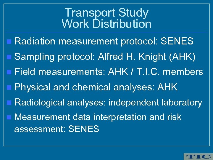 Transport Study Work Distribution n Radiation measurement protocol: SENES n Sampling protocol: Alfred H.
