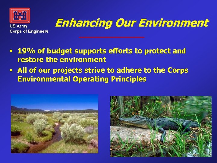 US Army Corps of Engineers Enhancing Our Environment § 19% of budget supports efforts